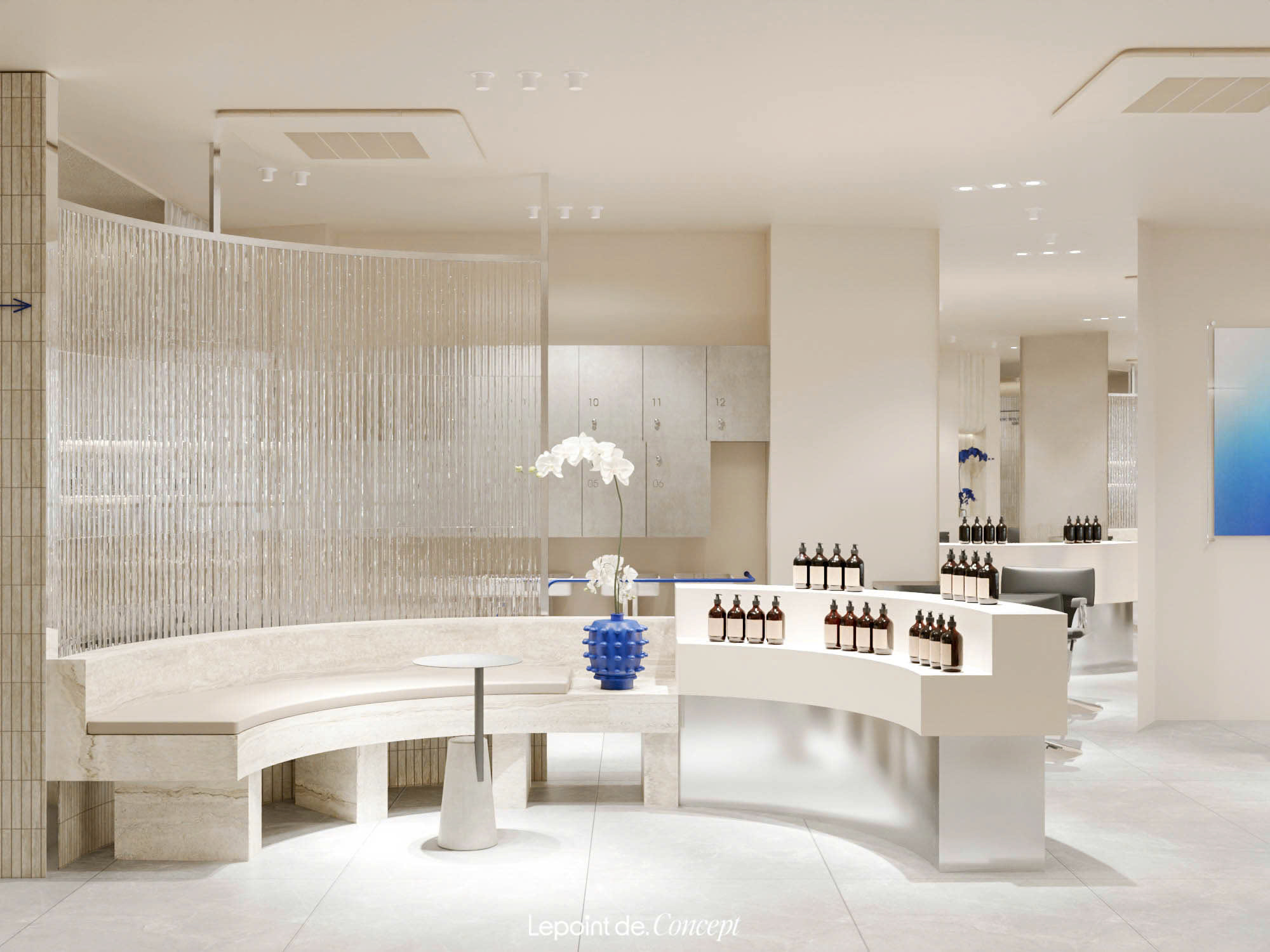 Khu vực đón tiếp khách hàng và trưng bày sản phẩm tại salon ZIO HAIR 162 Mai Anh Tuấn